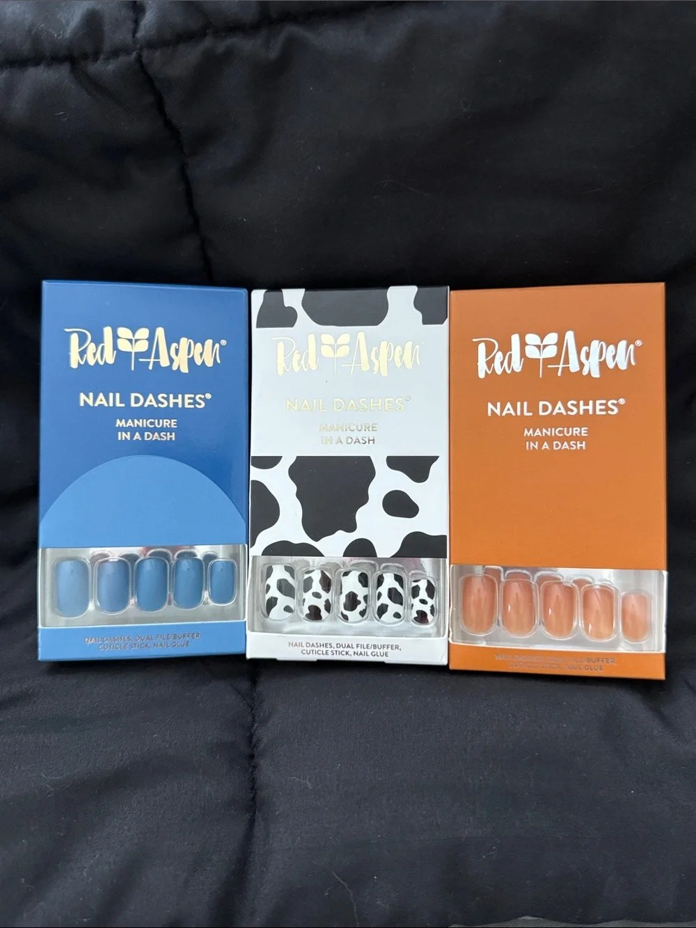 Red Aspen Nail Dashes Press-On Nail Set - Blue, Cow Print, and Tan Medium Square
